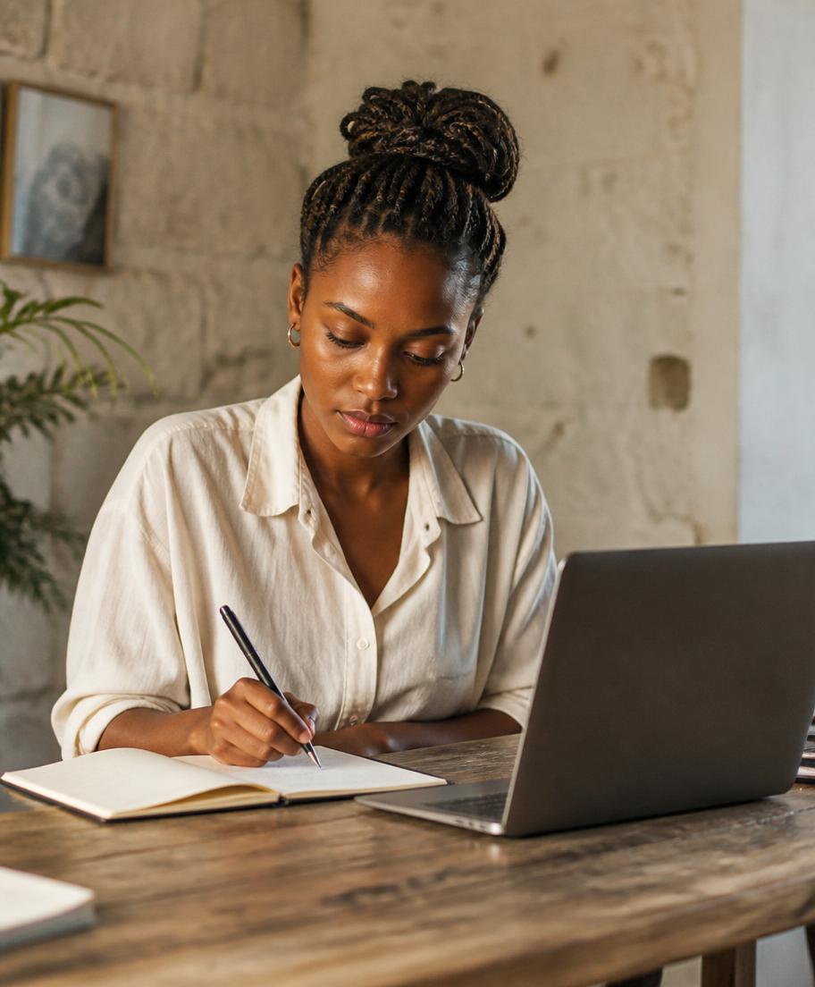 A newsletter writer at her desk, working thoughtfully